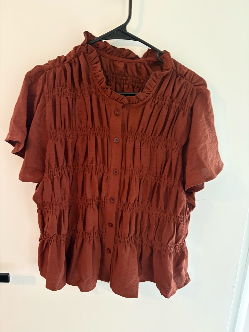 Rust Terracotta Boho Ruffle Neck Button Front Tiered Blouse Top Cottagecore